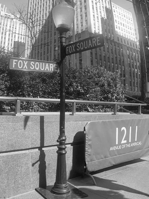 black and white photo Fox News Square New York